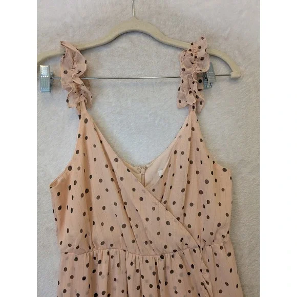 Madewell Maxi Dress Women's 6 Pink Polka Dot Ruffle Faux Wrap Lined V-Neck Zip - Picture 2 of 11